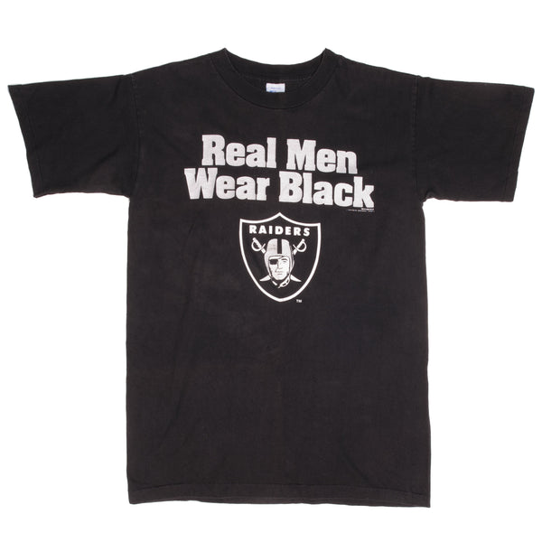 Vintage NFL Los Angeles Raiders Real Men Wear Black Tee Shirt 1995 Size Medium Made In USA With Single Stitch Sleeves