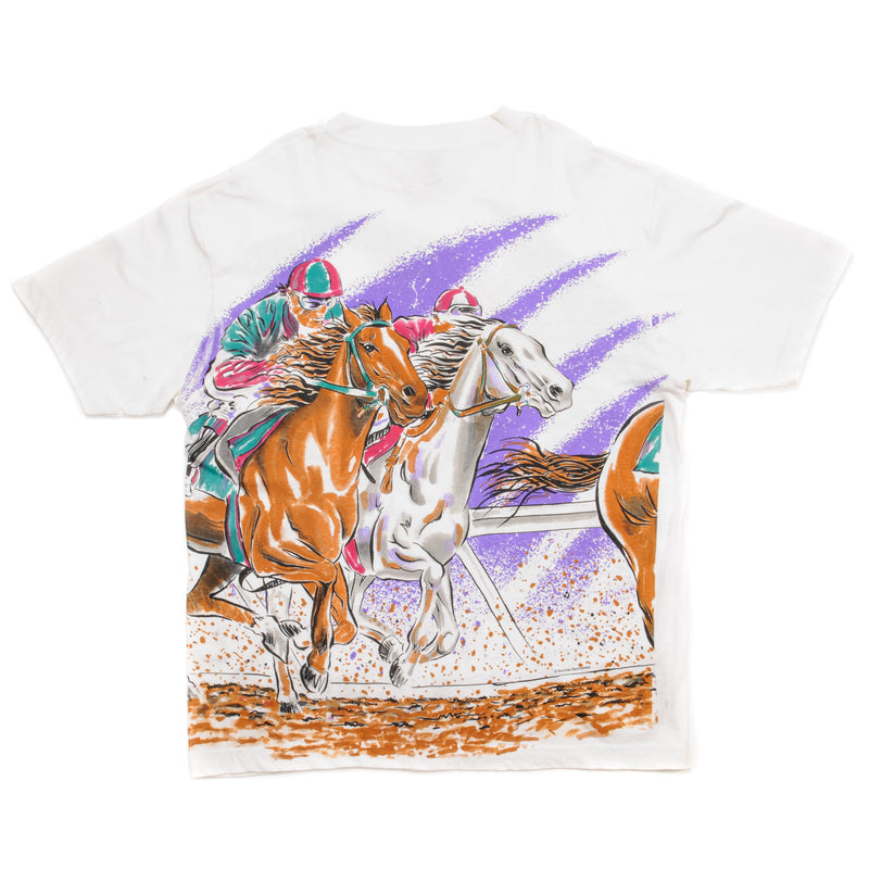 Vintage All Over Print Kentucky Derby A Great Place To Race Tee Shirt 1996 Size Large. WHITE