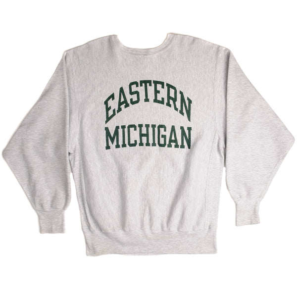 Vintage Champion Reverse Weave Eastern Michigan Sweatshirt 1990-Mid 1990’S Size XL Made In USA, Tri-Blend fabrics.