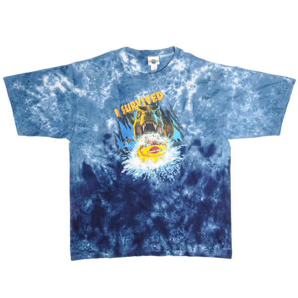 Vintage Tie-Dye Universal Studio Jurassic Park I Survived Tee Shirt 1996s Size 2X-Large With Single Stitch Sleeves.