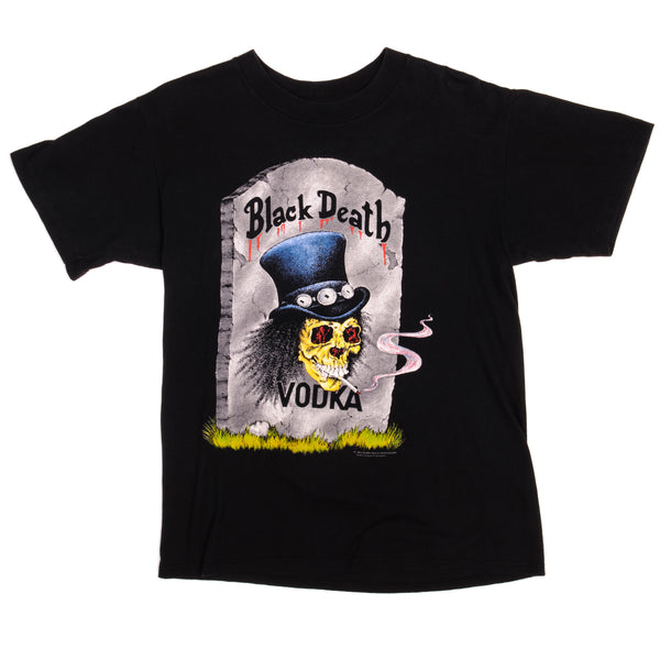 Vintage Black Death Vodka And Slash (Guns N' Roses) Collaboration The Brockum Group Tee Shirt 1992 Size Medium Made In USA With Single Stitch Sleeves.